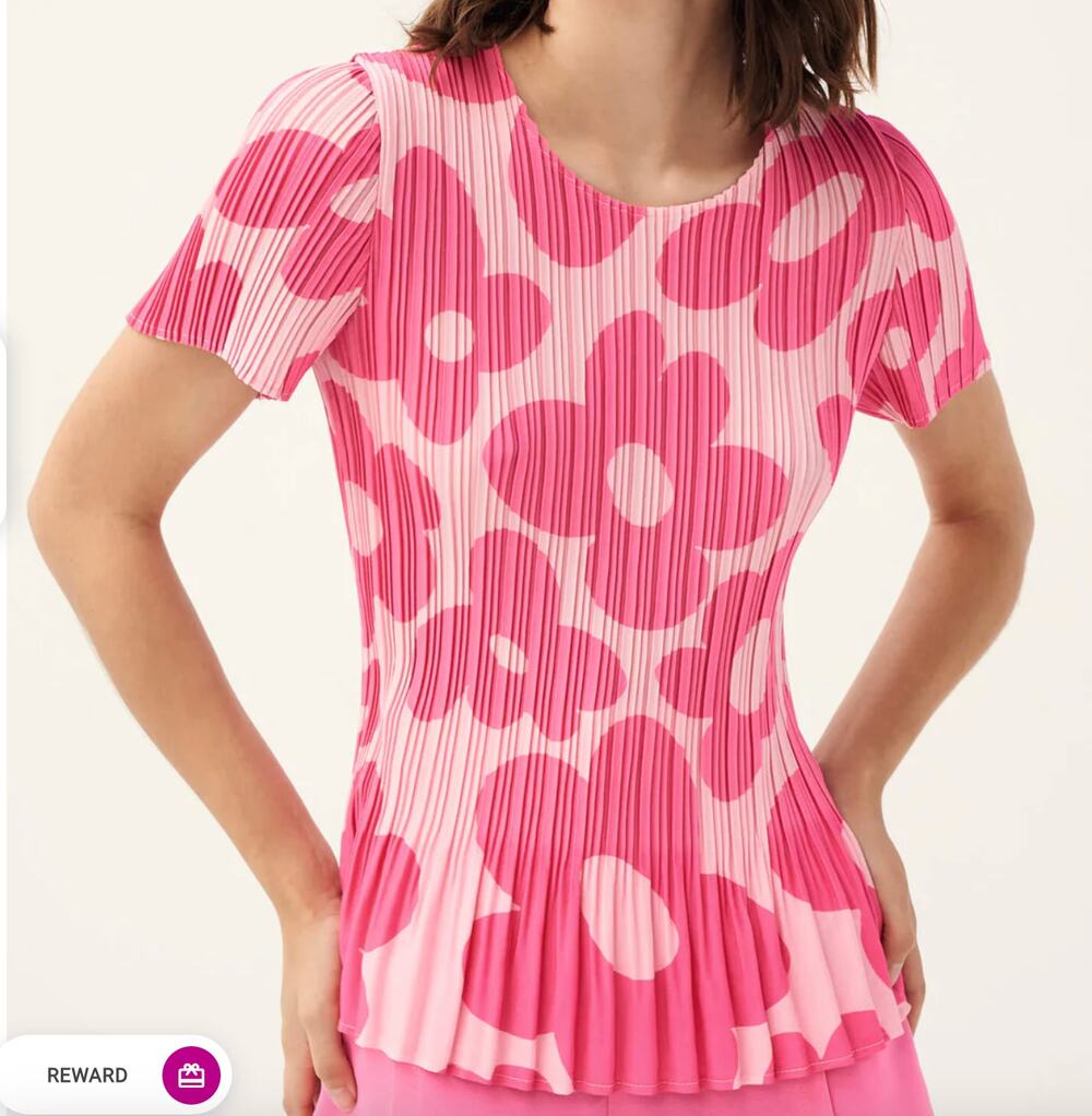 LEO & UGO YE453 Barbie Pink Pleated Summer Floral Short Sleeve Blouse Large